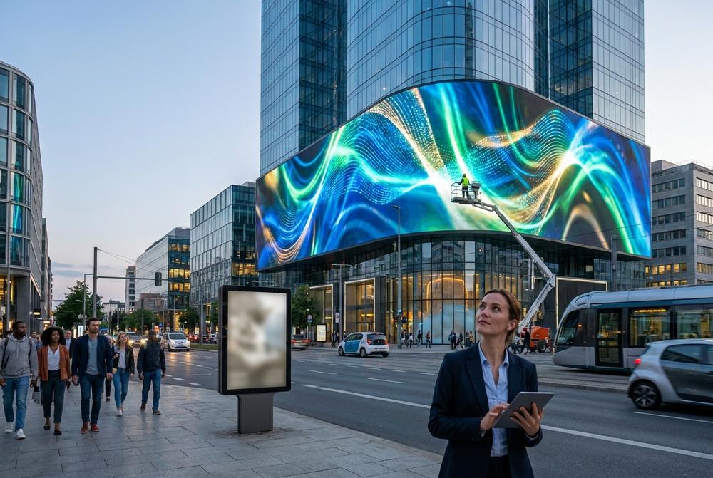 Reklama wielkoformatowa na billboardzie przy ruchliwej drodze, widoczna dla kierowców i pieszych